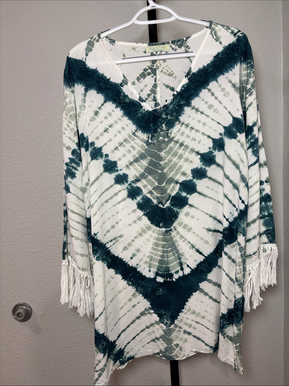 Santiki Womens Green Tie-Dye V-Neck Fringe Tunic Rayon pp22 L33